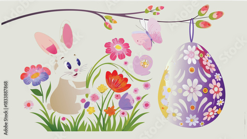 A cheerful cartoon bunny sits in a field of colorful flowers holding green stems with a decorative easter egg hanging from a branch above and a butterfly fluttering nearby