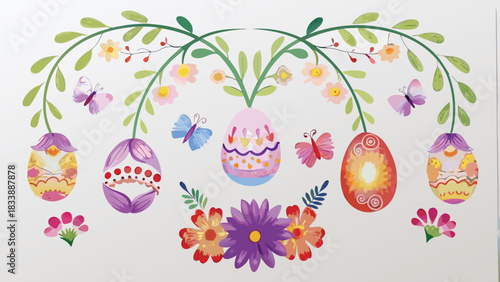 Whimsical easter eggs adorned with flowers and butterflies suspended from a decorative green vine creating a festive and vibrant spring scene