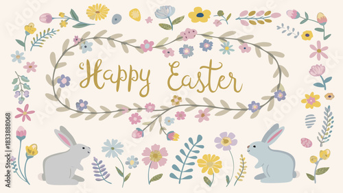 A whimsical and charming illustration featuring a floral wreath with the words happy easter surrounded by cute bunnies and colorful spring flowers on a soft beige background