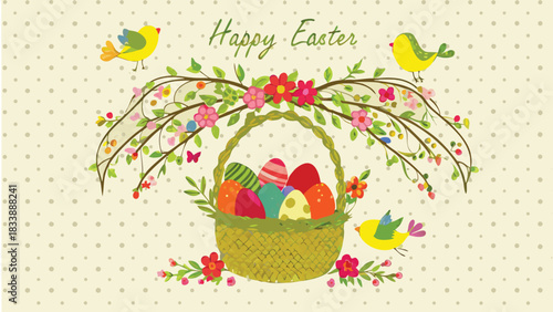 Happy easter greeting card design featuring a woven basket overflowing with colorful decorated eggs surrounded by blooming branches and cheerful little birds on a polka dot background