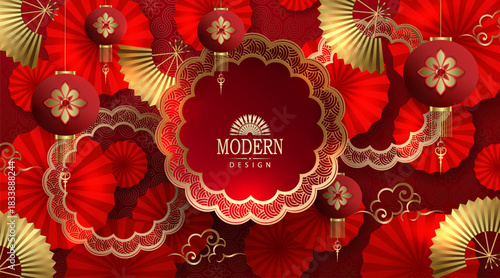 Chinese New Year. Exquisite greeting card with golden fans and round frame with golden border.