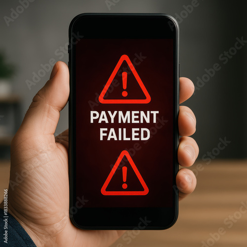 Frustrated hand holding smartphone with payment failed error message on screen. Red warning alert shows transaction problem