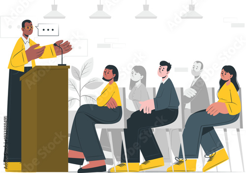 Speaker addressing audience at a podium presentation lecture