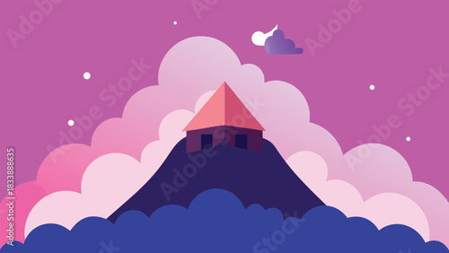 Fairy tale castle silhouette on a snowy mountain with night sky, moon, and clouds illustration vector
