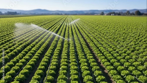 Field of lettuce rows with active sprinkler irrigation system in an agricultural landscape. Farming for fresh greens and water conservation.