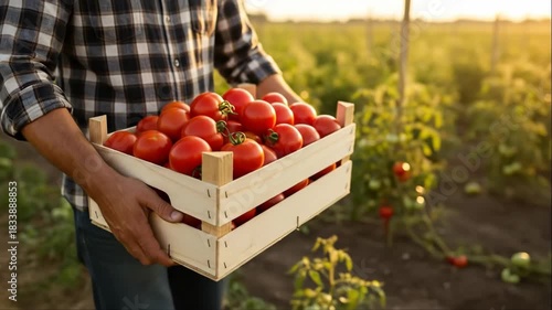 Farmer stands outside holding a crate of freshly picked red tomatoes at sunset. Organic produce harvest for healthy farm food.