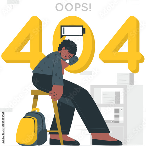 Tired person with low battery symbol on 404 error page not found error message