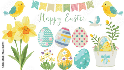 Happy easter watercolor illustration featuring decorated eggs daffodils cute birds and a basket of chicks and flowers on a white background
