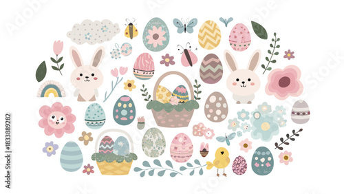 A whimsical collection of cute easter characters and symbols including bunnies chicks decorated eggs flowers butterflies and clouds in soft pastel colors on a white background