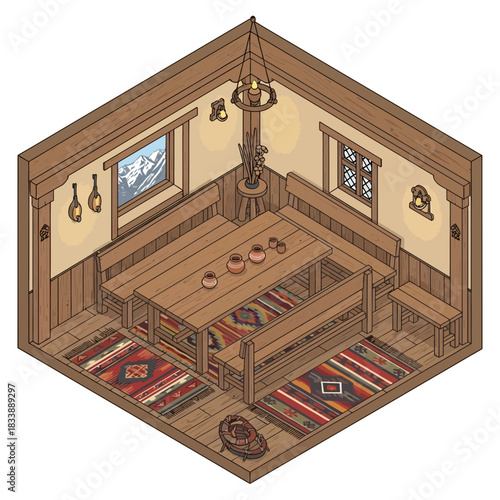 Isometric cozy wooden dining room with traditional and folk design elements