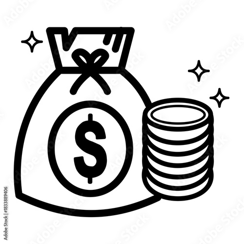 Outline vector icon of a money bag with a pile of dollar coins.