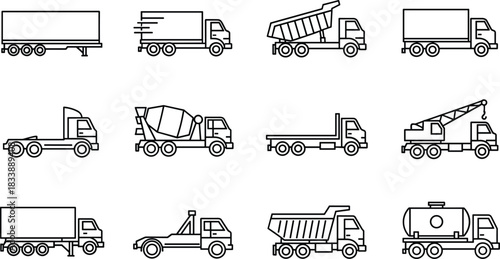 Construction and Heavy Equipment Vehicle Icon Set: Dump Truck, Cement Mixer, Tow Truck, Tanker, Trailer, and Crane Line Art Vector