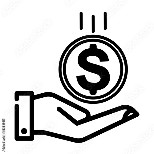 Outline vector icon of a hand receiving a dollar coin (payment/income).