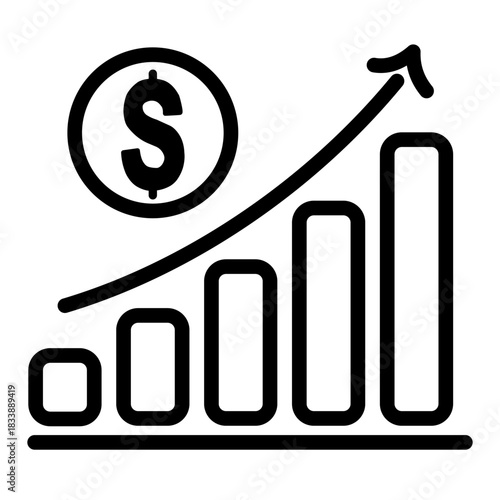 Outline vector icon of a growing bar chart with dollar sign (financial increase).