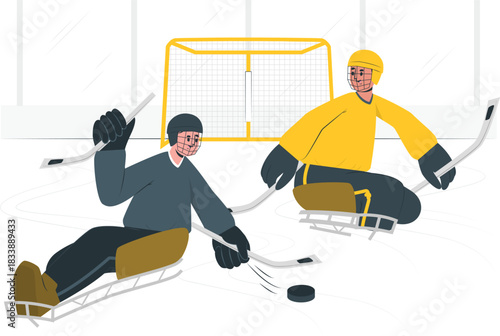 Two Sledge Hockey Players Competing on Ice Rink with Goal ice hockey paralympic sport