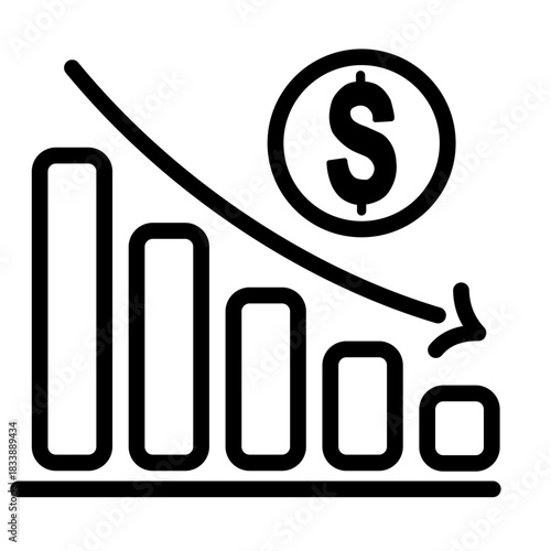 Outline vector icon of a declining bar chart with dollar sign (financial decrease).
