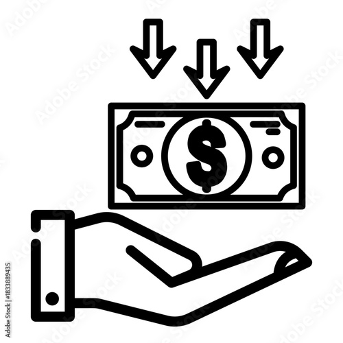 Outline vector icon of a hand receiving dollar banknotes (payment/withdrawal).