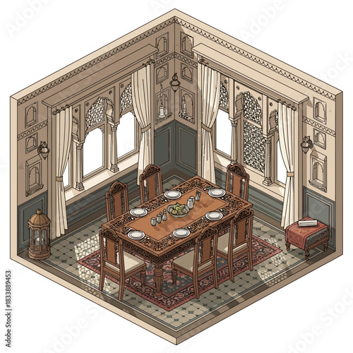 Isometric illustration featuring an elegant dining room with ornate details