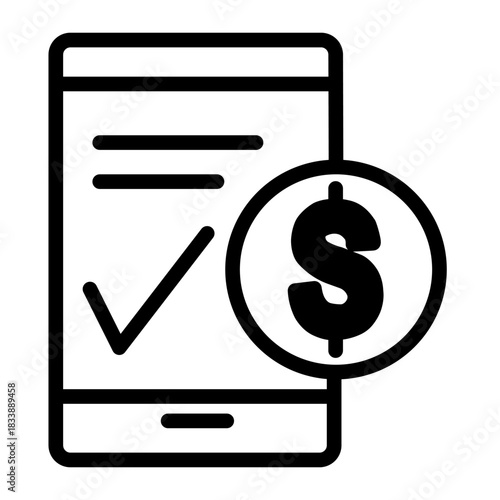 Outline vector icon of successful mobile payment or money transaction on a phone.