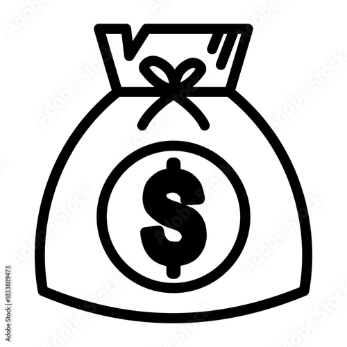 Outline vector icon of a money bag or sack filled with dollar currency.