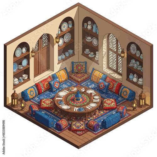 Isometric illustration of a cozy middle eastern dining room interior design