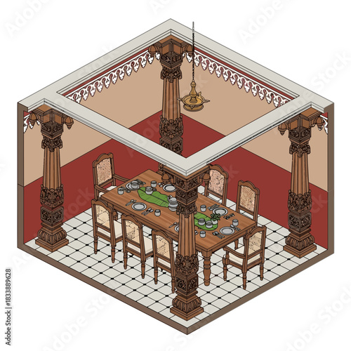Isometric Illustration of an Elaborate Dining Room with Cultural Motifs