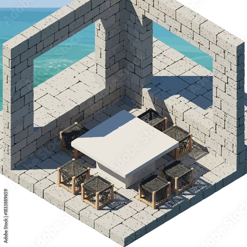Isometric illustration of outdoor dining area with sea view and stone structure