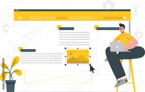 Web design process wireframe and mockup creation with character website development user interface