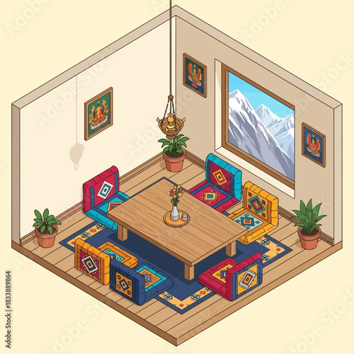 Isometric traditional tibetan tea room interior design in cartoon illustration
