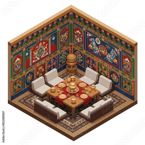 Isometric Traditional Dining Room with Ornate Walls and Formal Setting
