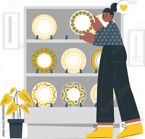 Woman Admiring Decorative Plates on a Shelf vector illustration