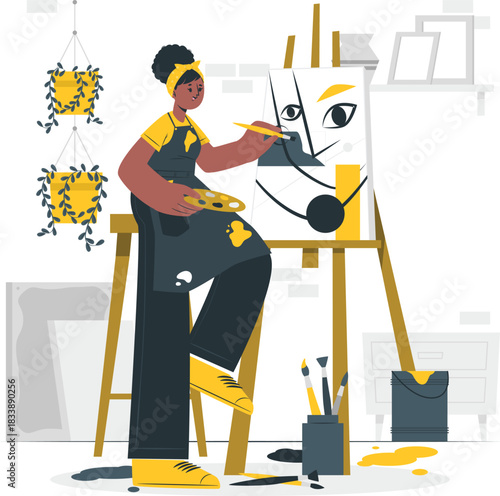 Woman artist painting abstract portrait on easel in studio canvas palette