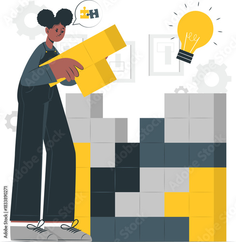 Woman assembling puzzle pieces to form a structure with lightbulb idea Keywords: woman, puzzle