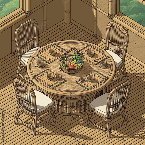 Charming bamboo dining set and fresh produce, inviting for relaxed meal