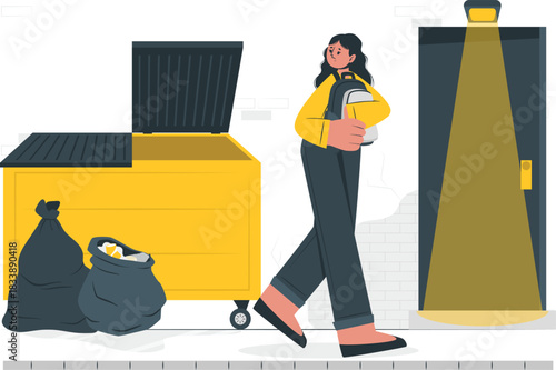 Woman carrying backpack walking past dumpster and door person female