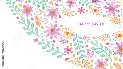 Happy easter greeting card with a whimsical watercolor floral border in pastel colors featuring delicate flowers and leaves on a white background