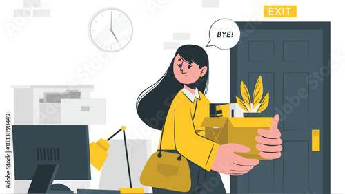 Woman carrying box leaving office with exit sign resignation quitting