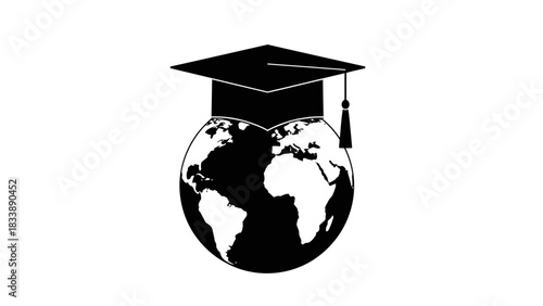 Black silhouette of a graduation cap on top of a globe, symbolizing global education, international learning, and academic achievement worldwide.