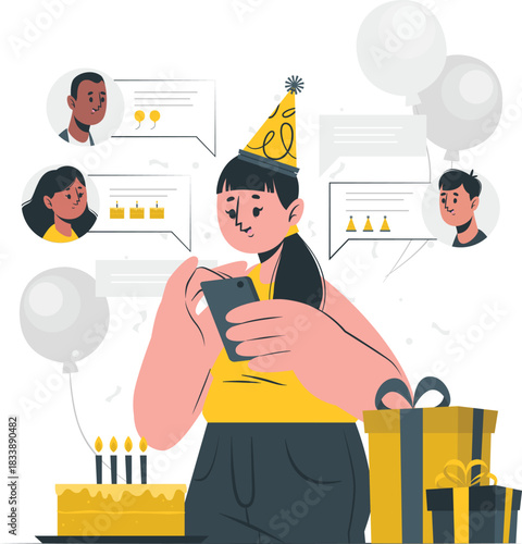Woman celebrating birthday with online friends and gifts celebration party