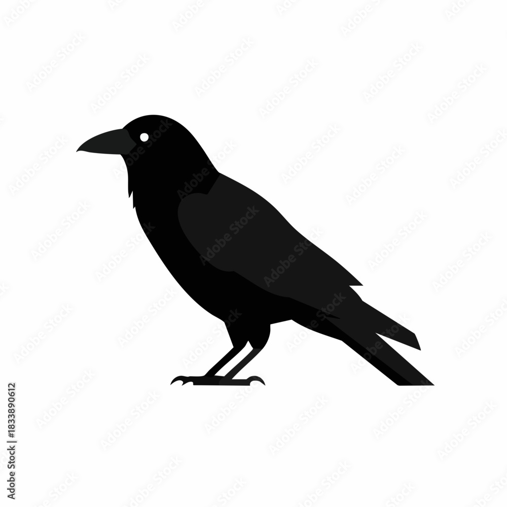 Fototapeta premium Stylized Black Crow with White Eye, Standing Profile View, Vector Illustration