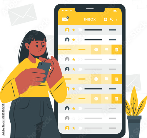 Woman checking smartphone inbox with email icons mobile