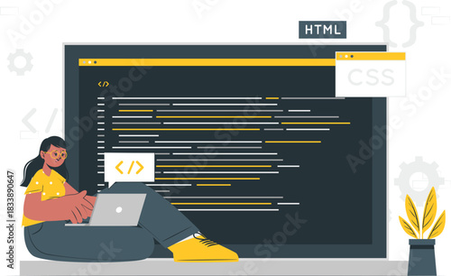 Woman coding on a laptop with HTML and CS on screen programming computer