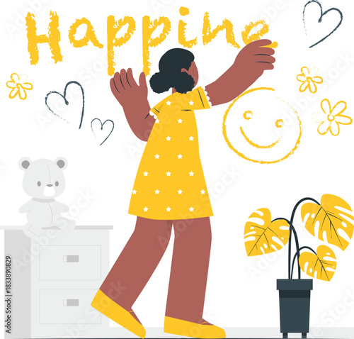 Woman decorating wall with ' Happiness' and smiley face text