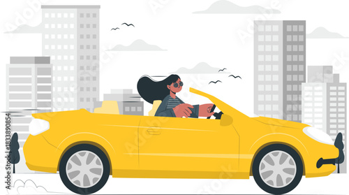 Woman driving yellow convertible car through city streets yellow car