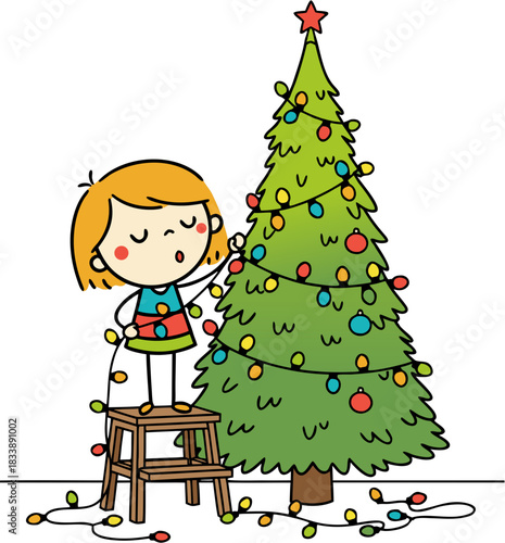 Ginger girl decorating Christmas tree with joy and colorful garland, vector illustration isolated on transparent background