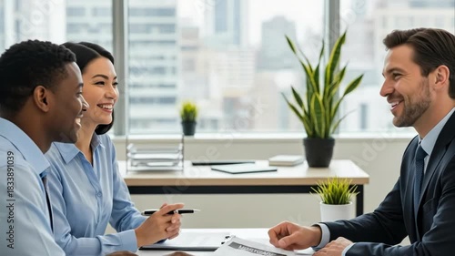 Woman and man client signing mortgage document with a financial advisor for home loan or property purchase.