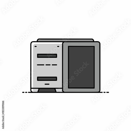 Stylized Computer Tower and Monitor with Black and Gray Color Scheme