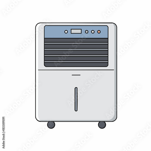 Portable air conditioner with blue panel, horizontal vents, and circular controls
