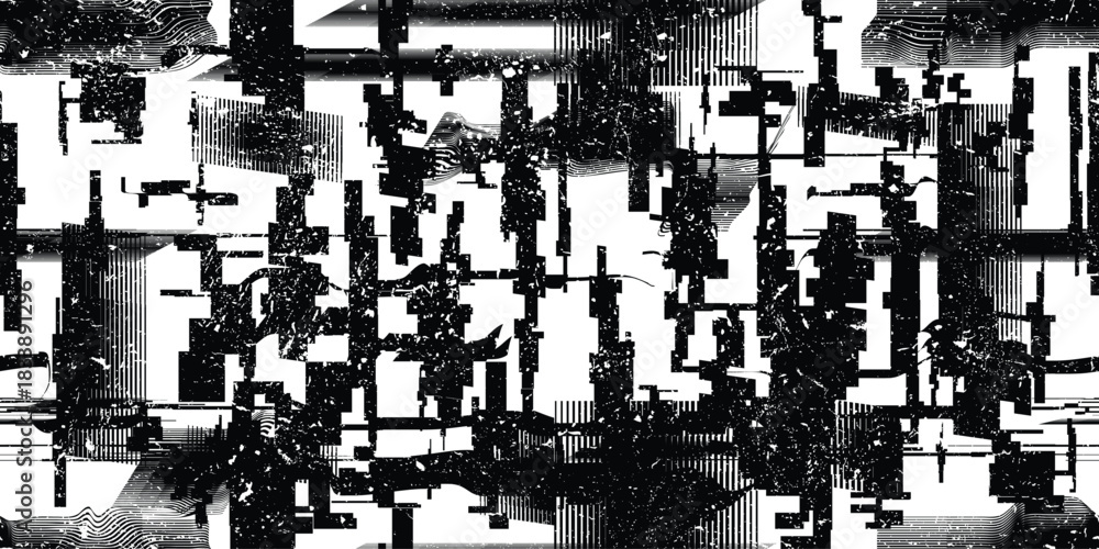 Fototapeta premium Glitch distorted grungy endless pattern . Cyber punk seamless pattern texture. Textured futuristic background . Glitched shapes with dots and lines .Screen print repeating pattern texture 