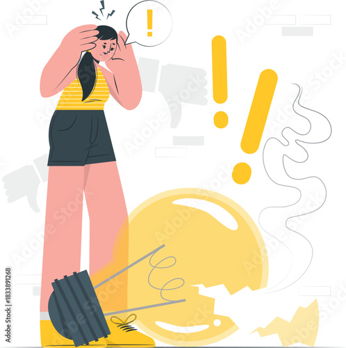 Woman frustrated by broken lightbulb and negative feedback girl stressed